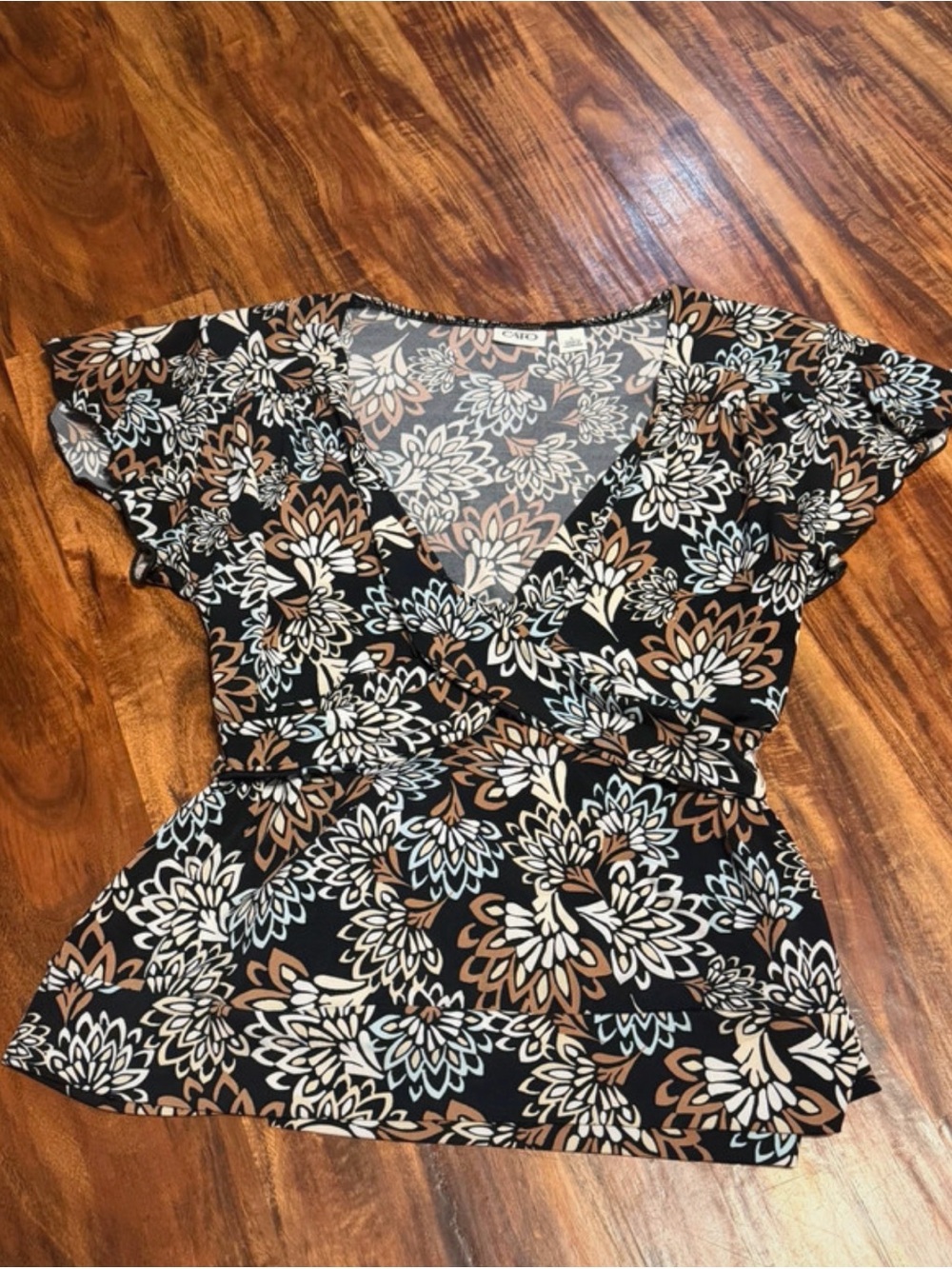 Cato Black Floral Wrap Tunic with Brown and Cream Accents size L